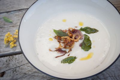 Crema de alubias blancas cebolla frita mollejas pato salvia
